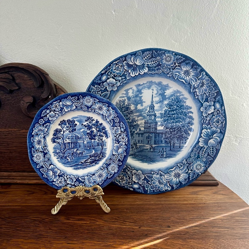 Set of Blue and White Transferware Plates Staffordshire Liberty Blue Collection